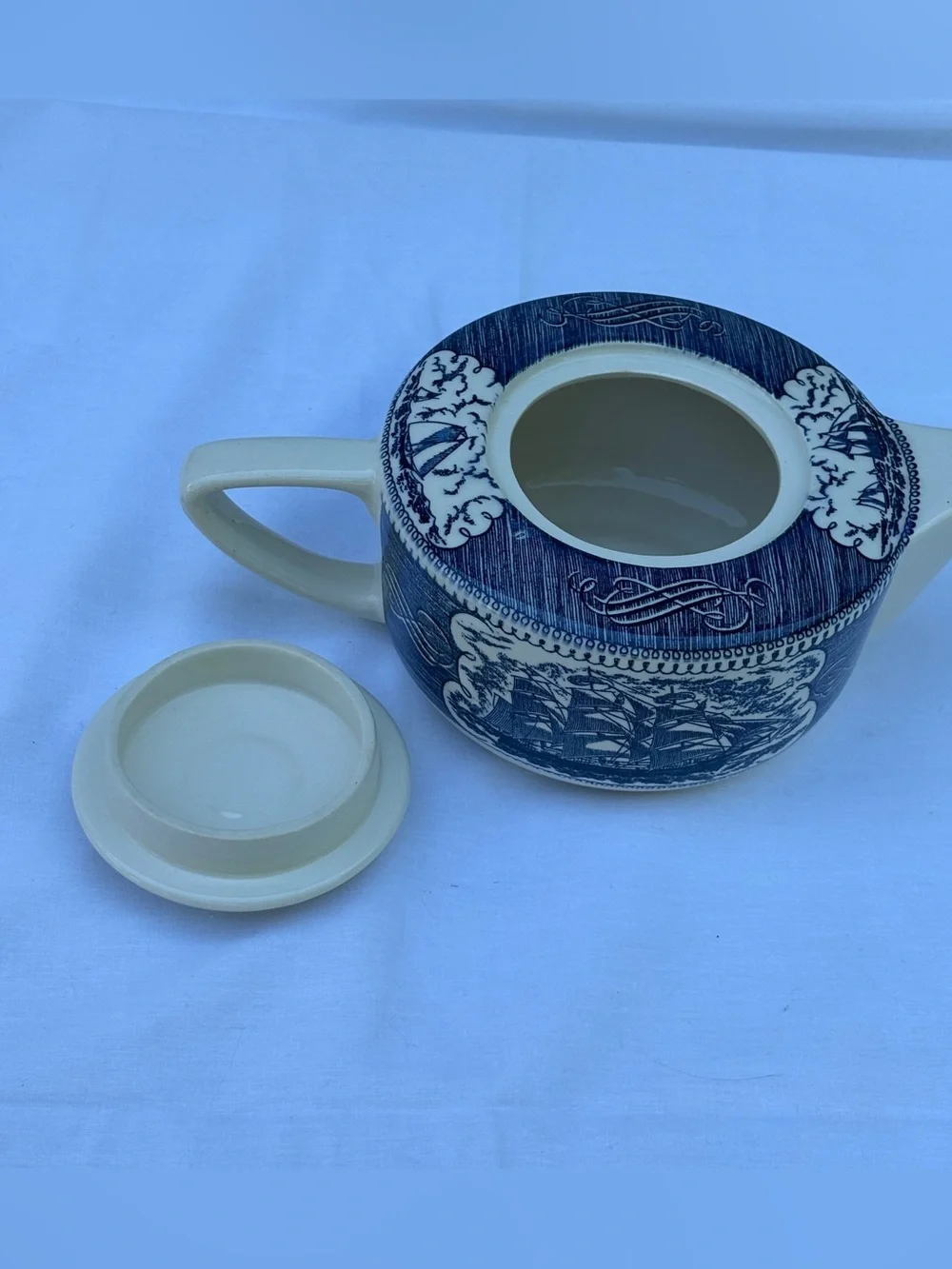 Vintage Royal China Currier & Ives Blue Teapot - Clipper Ship & Lighthouse